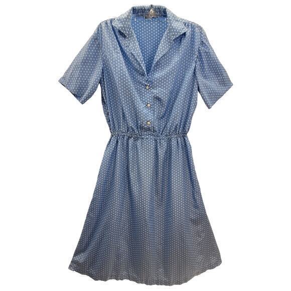 Vintage Powder Blue Polka Dot Short Sleeve Button Up Bodice Midi‎ A-Line Dress - Picture 1 of 10